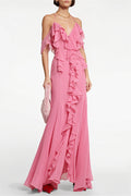 Deep V Halter Pink Ruffle Maxi Dress image 1