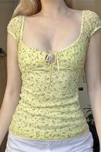 Vintage Cutout Tie Waist Yellow Floral Blouse image 2