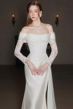 Off Shoulder Lace Satin Train Wedding Dress image 3