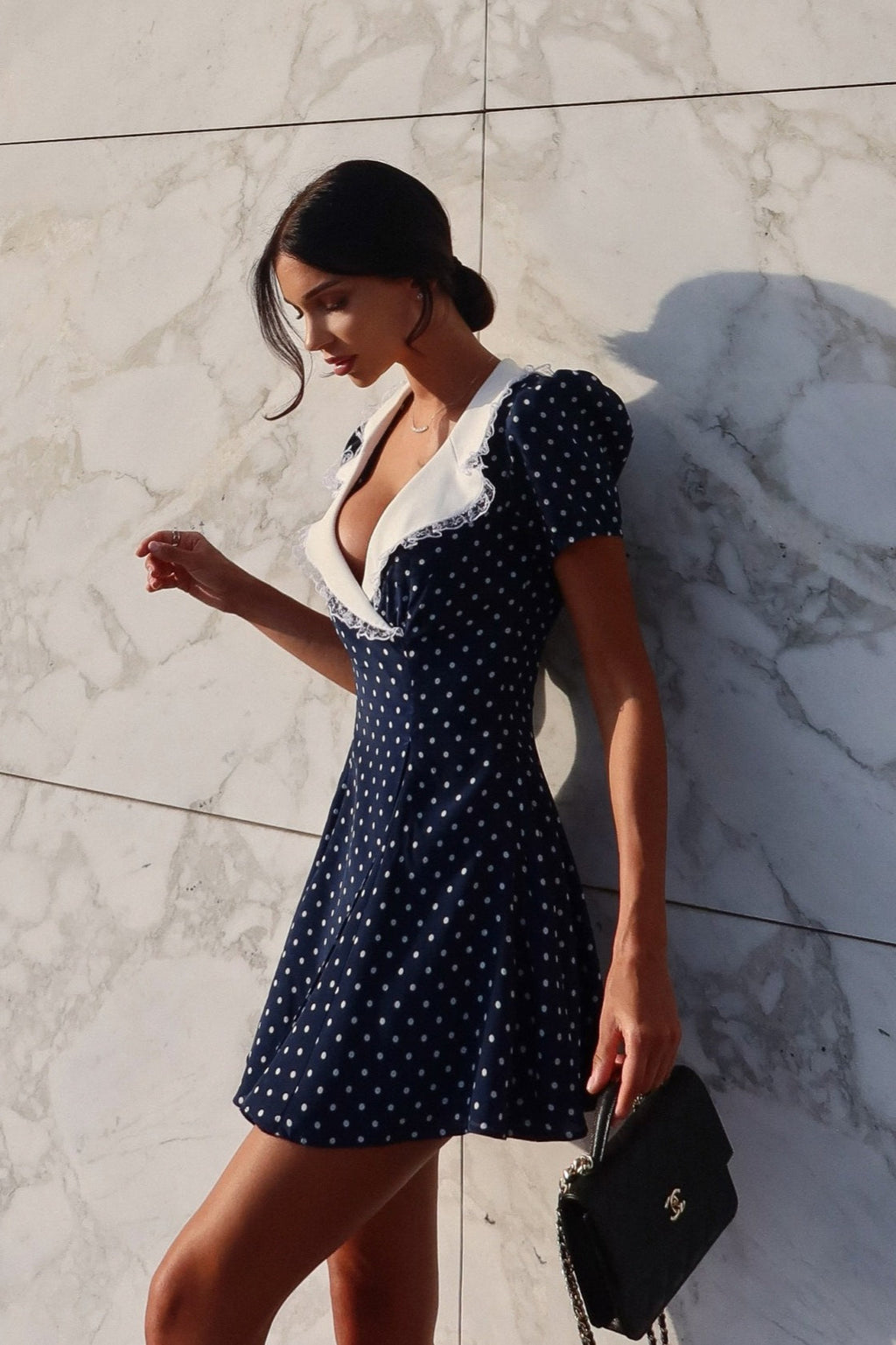 Vintage Lace Trim Polka Dot V-Neck Fitted Mini Dress image 2