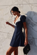 Vintage Lace Trim Polka Dot V-Neck Fitted Mini Dress image 2
