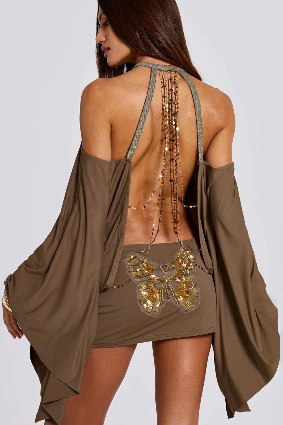 Backless Chain Bodycon Batwing Sleeve Mini Dress image 2