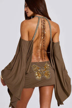 Backless Chain Bodycon Batwing Sleeve Mini Dress image 2
