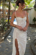 French 3D Floral Strap Waist-Cinched Split Maxi Dress image 3