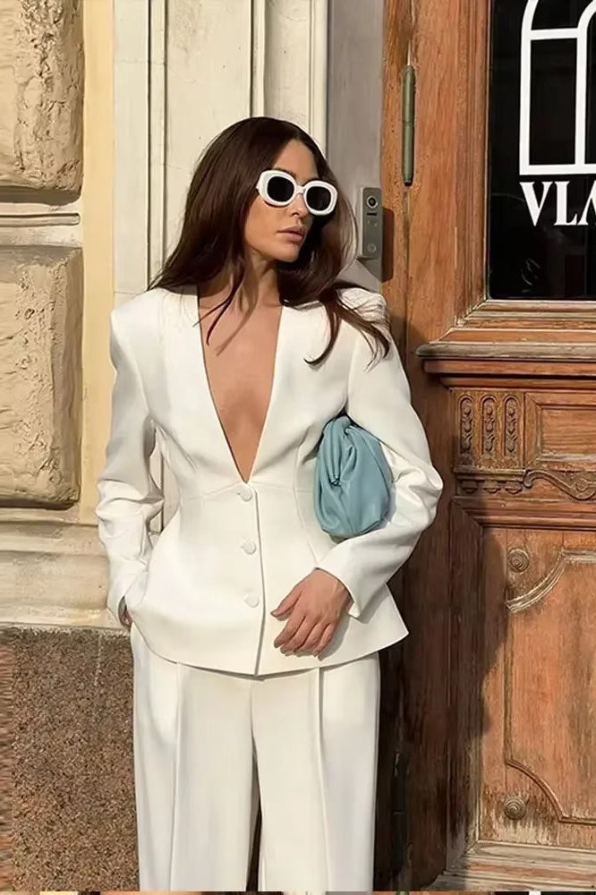 White Deep V-neck Blazer Pants Office Two Piece Set image 5