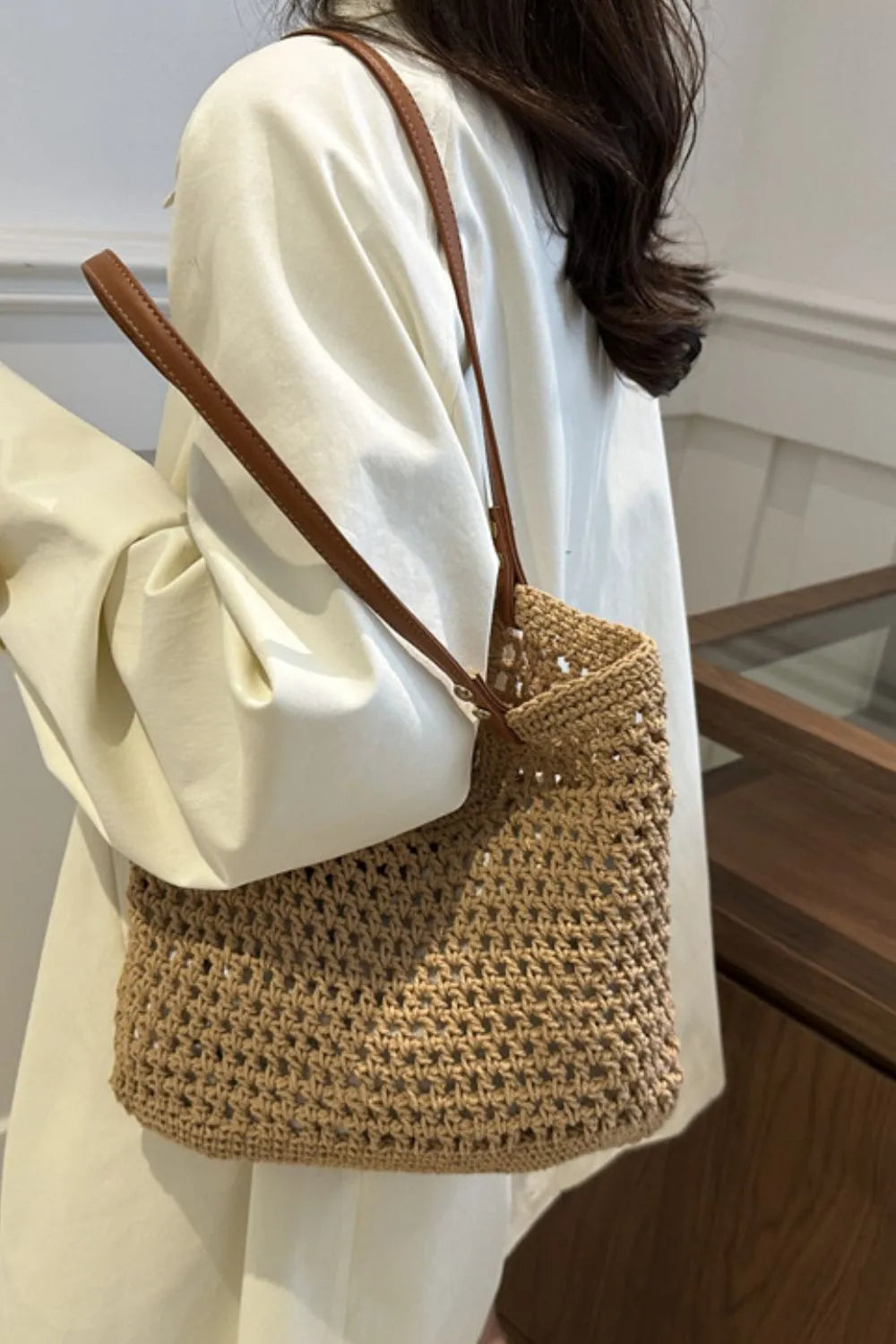 Marina Woven Tote detail view styled for Avrienne