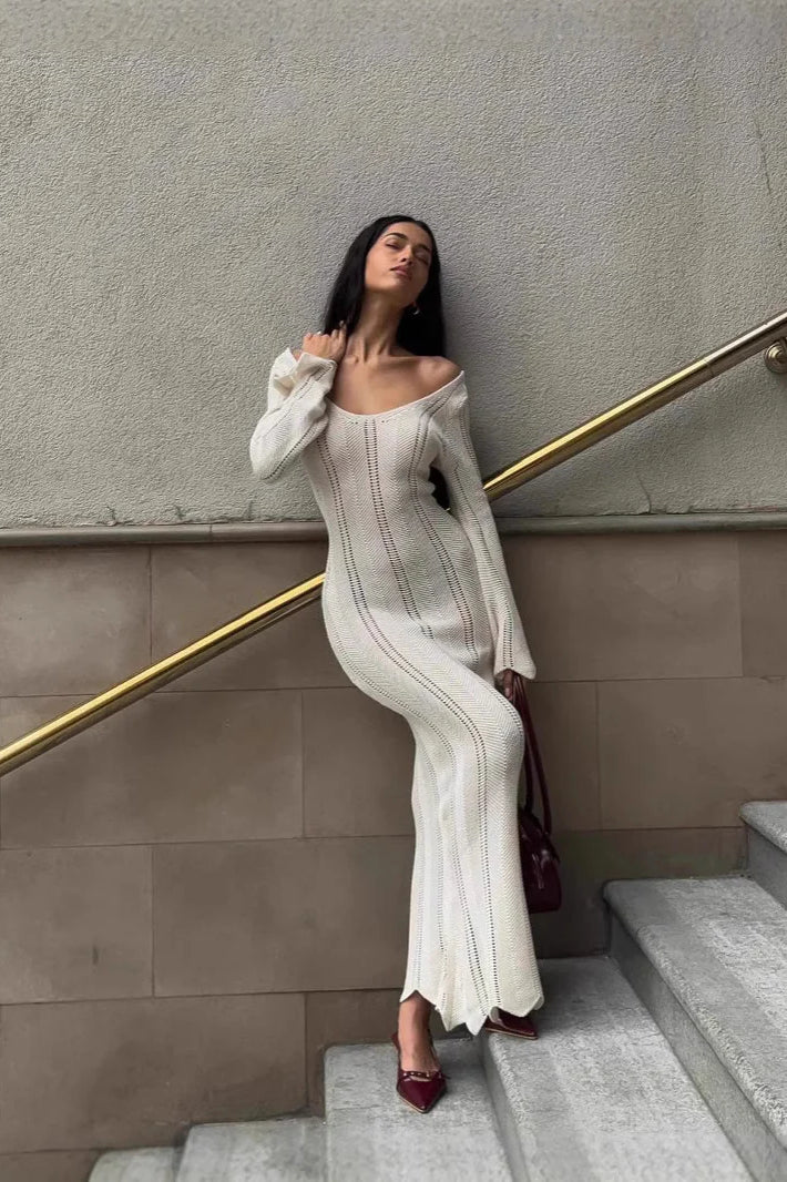 V-Neck Knitted Dress With Flared Sleeves & Hollow Hip-Wrap Maxi Dress image 2