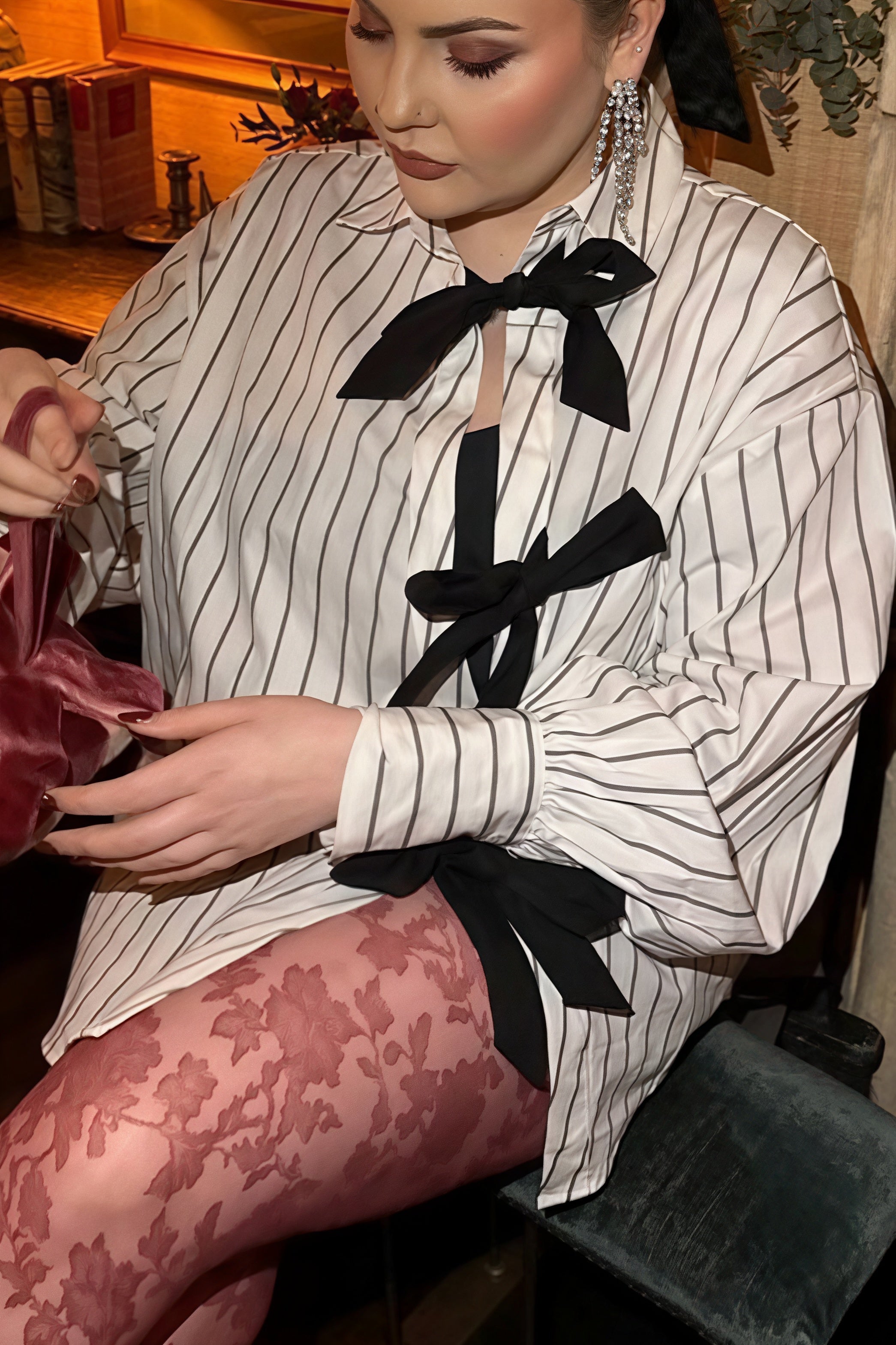 Bow Tie Striped Lapel Long Sleeve Blouse image 3