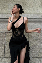 Streetwear Irregular Lace Patch Sheer Mini Dress image 1