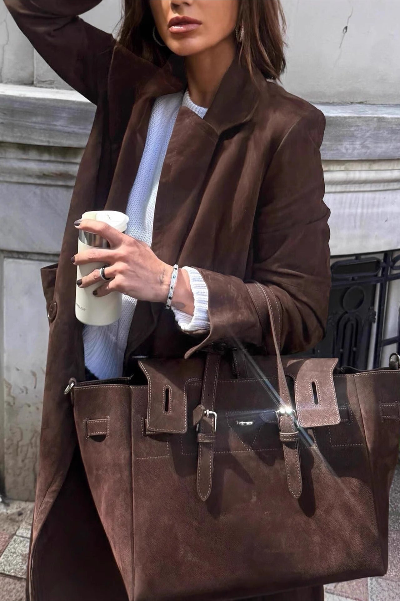 Retro Brown Belted Waist-Tie Long Overcoat image 3