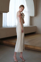 Satin Minimalist Bow High Slit Reception Dress image 4