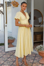 Solid V Neck Puff Sleeve Flared Midi Dress image 5