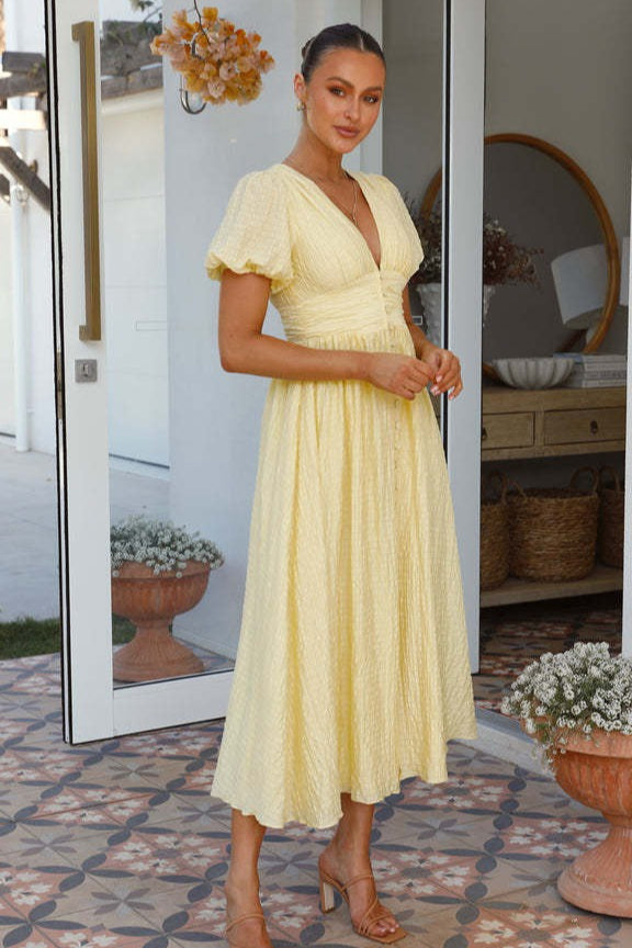 Solid V Neck Puff Sleeve Flared Midi Dress image 5