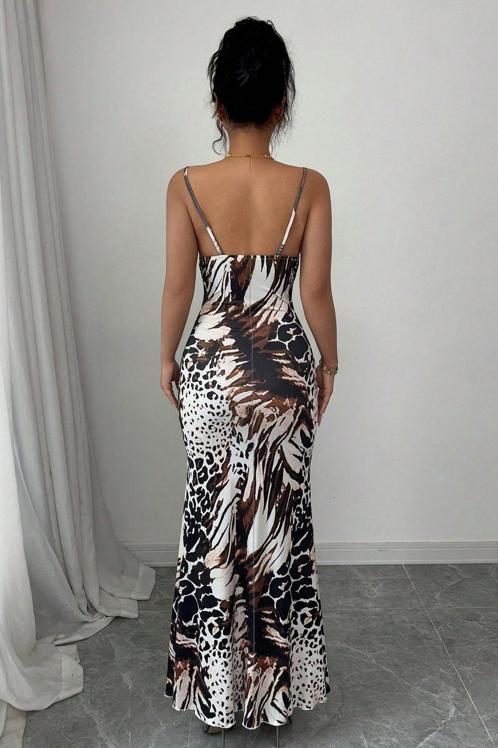 Slim Fit Leopard Backless Slip Maxi Dress image 2