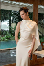 Elegant Solid Color Satin Draped Back Long Prom Dress image 2