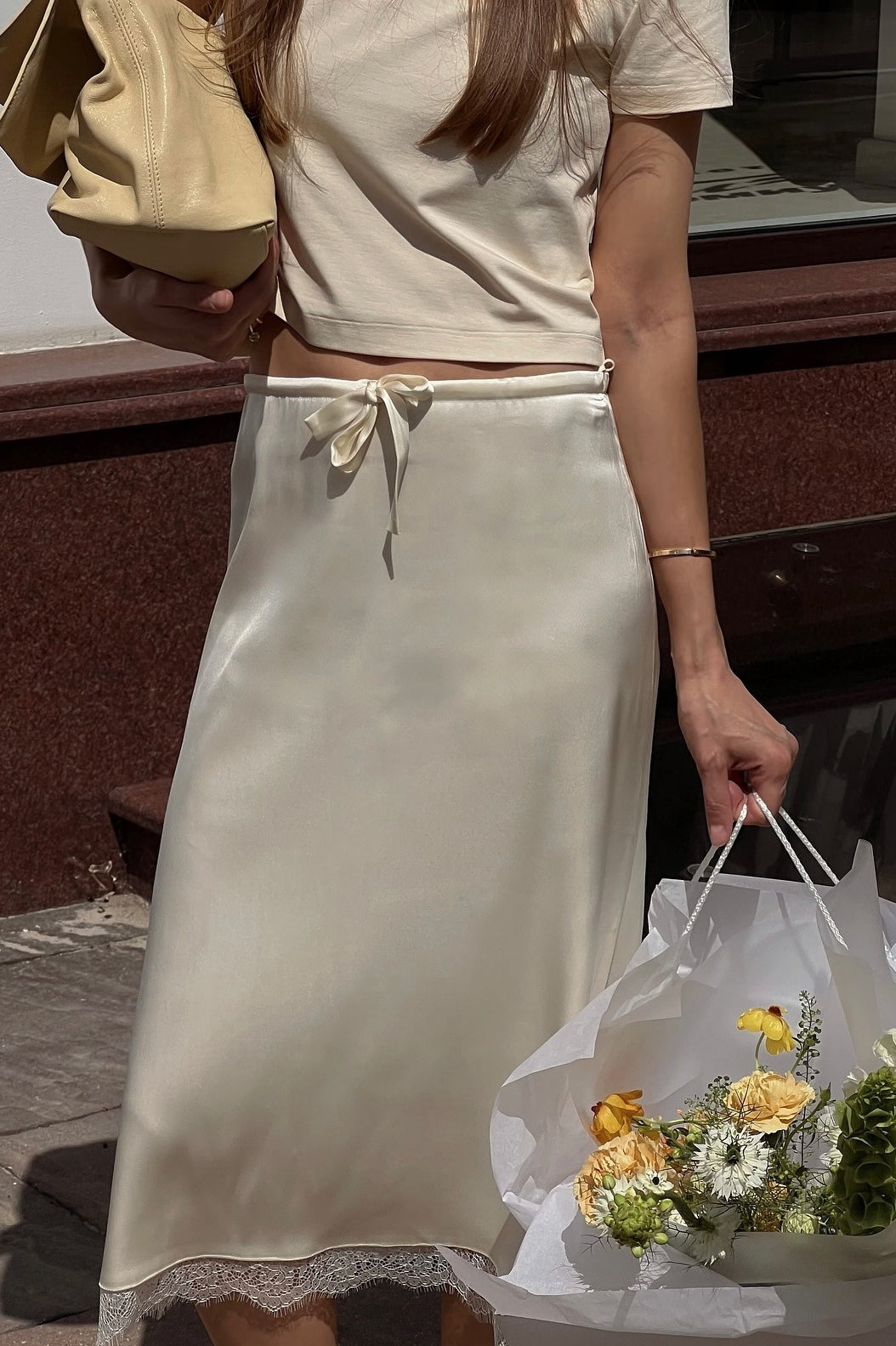 Elegant Lace Trim Tie Waist Midi Skirt image 3