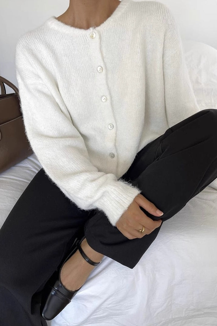 Soft Gray Vintage Shell-Button Knit Cardigan image 3