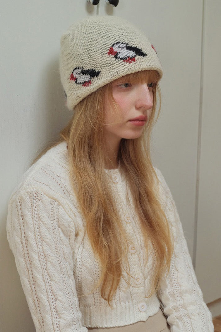 Rabbit Hair Blend Bird Pattern Color Block Knitted Hat image 4