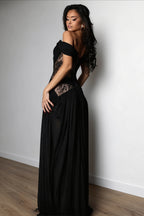 Draped Off Shoulder Lace Slit Maxi Dress image 2