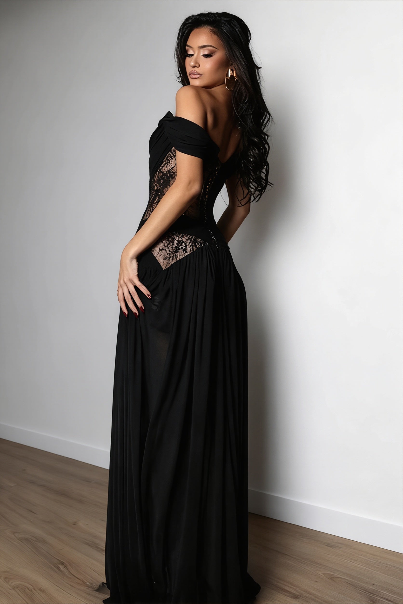 Draped Off Shoulder Lace Slit Maxi Dress image 2