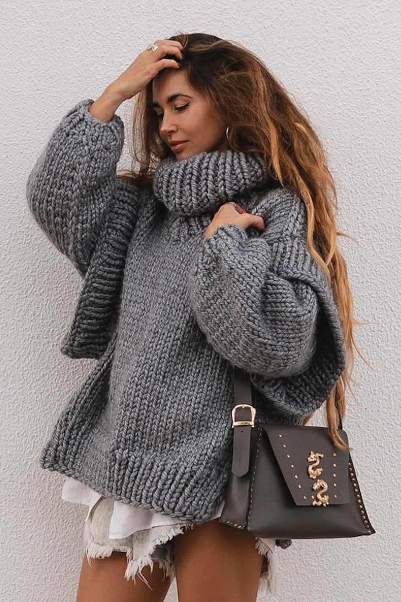 Solid Patchwork Chunky Fluffy Turtleneck Sweater image 1
