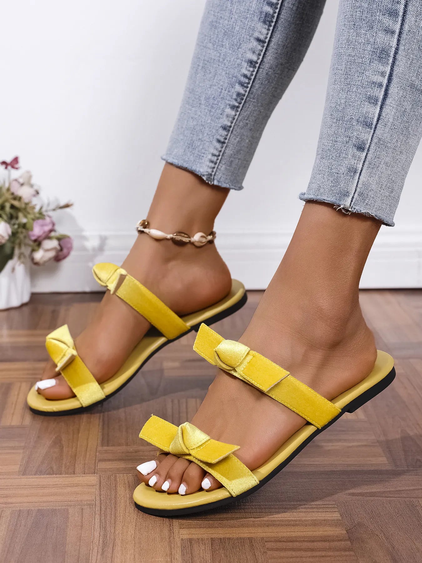 Dahlia Flat Sandals detail view styled for Avrienne
