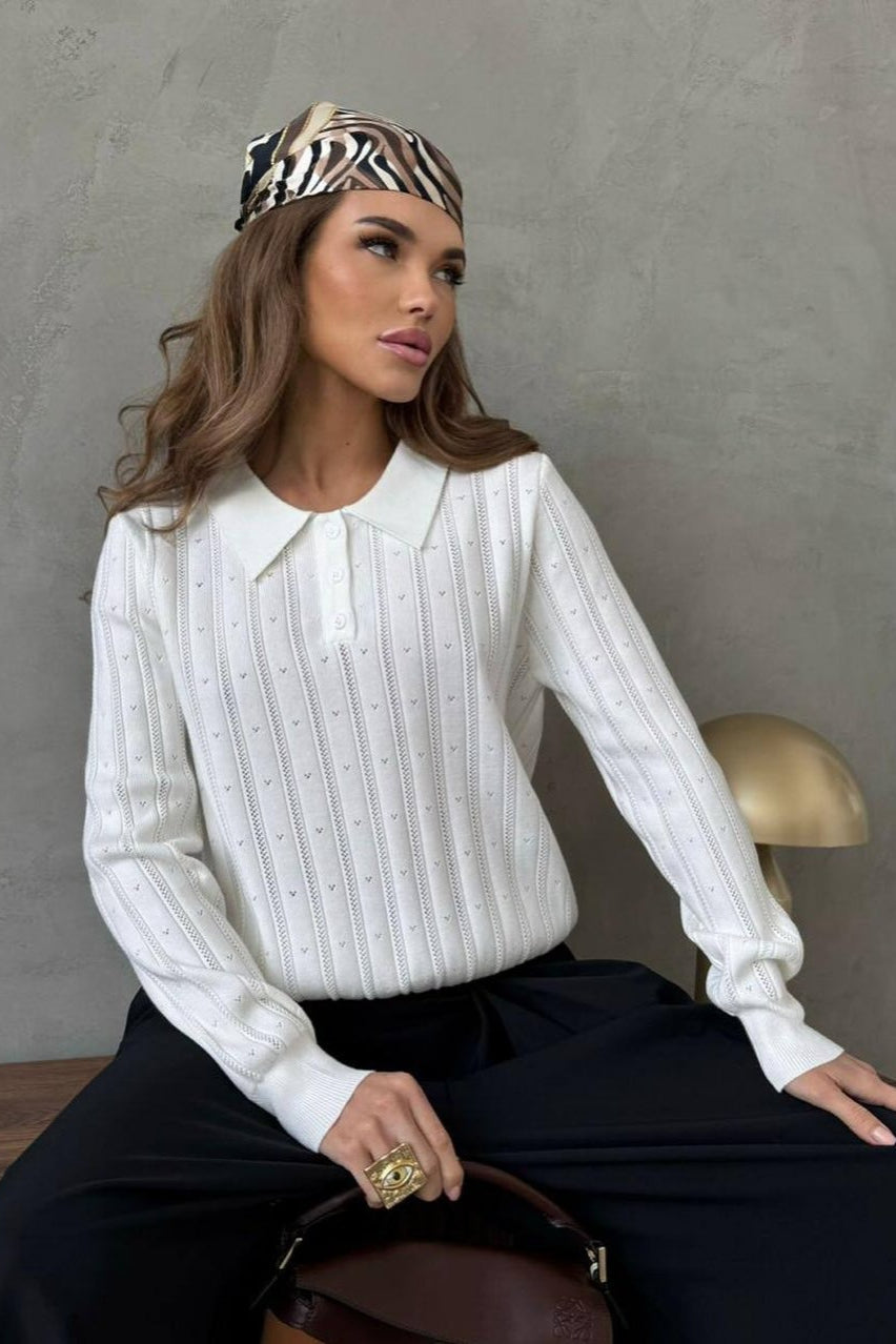 Jacquard Polo Collar Long Sleeve Loose Blouse image 9