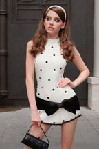 Crew Neck Waist Cinched Color Block Polka Dot Bow Mini Dress image 4