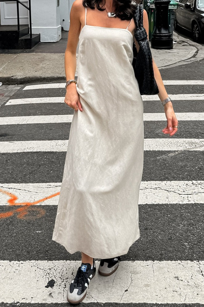 Khaki Linen Cotton Cami Loose Office Maxi Dress image 3