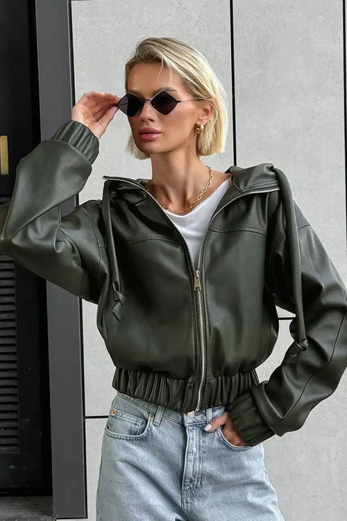 Black Faux Leather Hooded Loose Streetwear Jacket image 2
