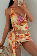 Floral Print Backless Halter Three Piece Swim Set image 1