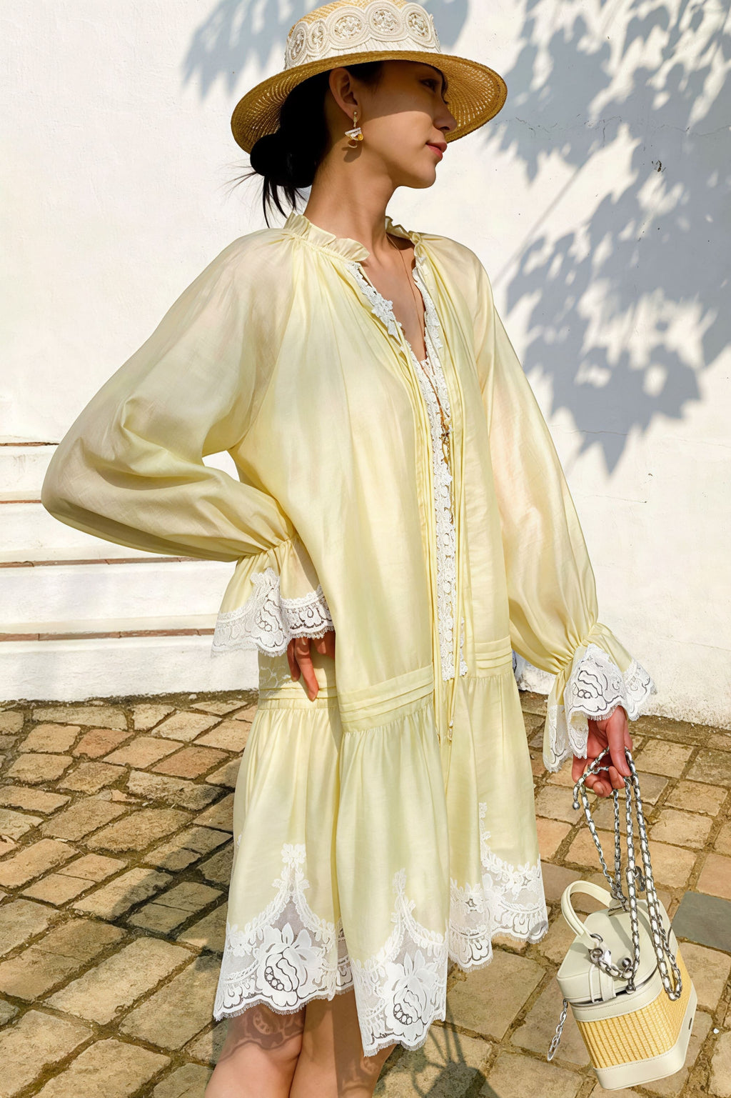 Linen Lace Patchwork Long Sleeve Midi Dress image 4