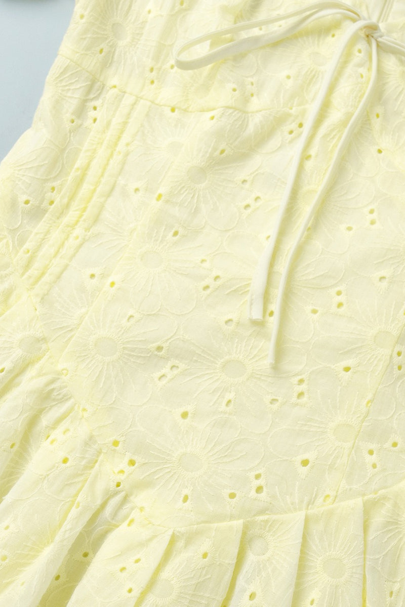 Cotton Yellow Embroidered Tie Waist Mini Dress image 8