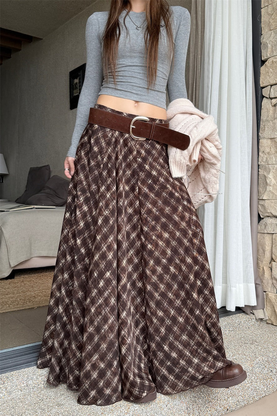 Plaid Vintage Earthy Tones High Waist Flowy Midi Skirt image 1