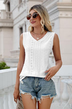 Gia Eyelet Tank detail view styled for Avrienne
