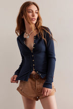 Solid Color Ribbed Buttoned Round Neck Cardigan image 4