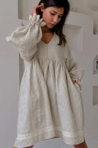 Cotton Linen V Neck Lantern Sleeve Loose Mini Dress image 3