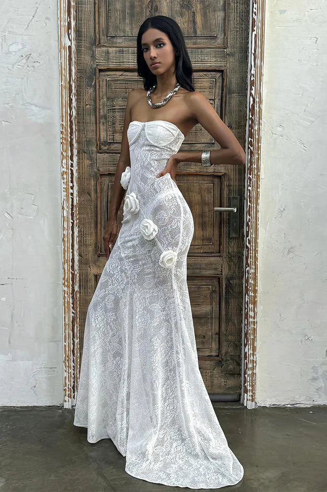 Sheer Lace Strapless 3D Floral Train Maxi Dress image 2