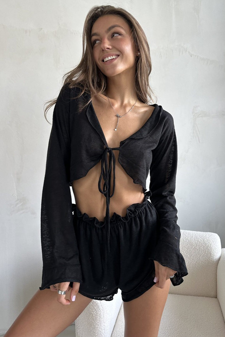 Sheer Knit Tie Front Cardigan Shorts Two Piece Set image 8