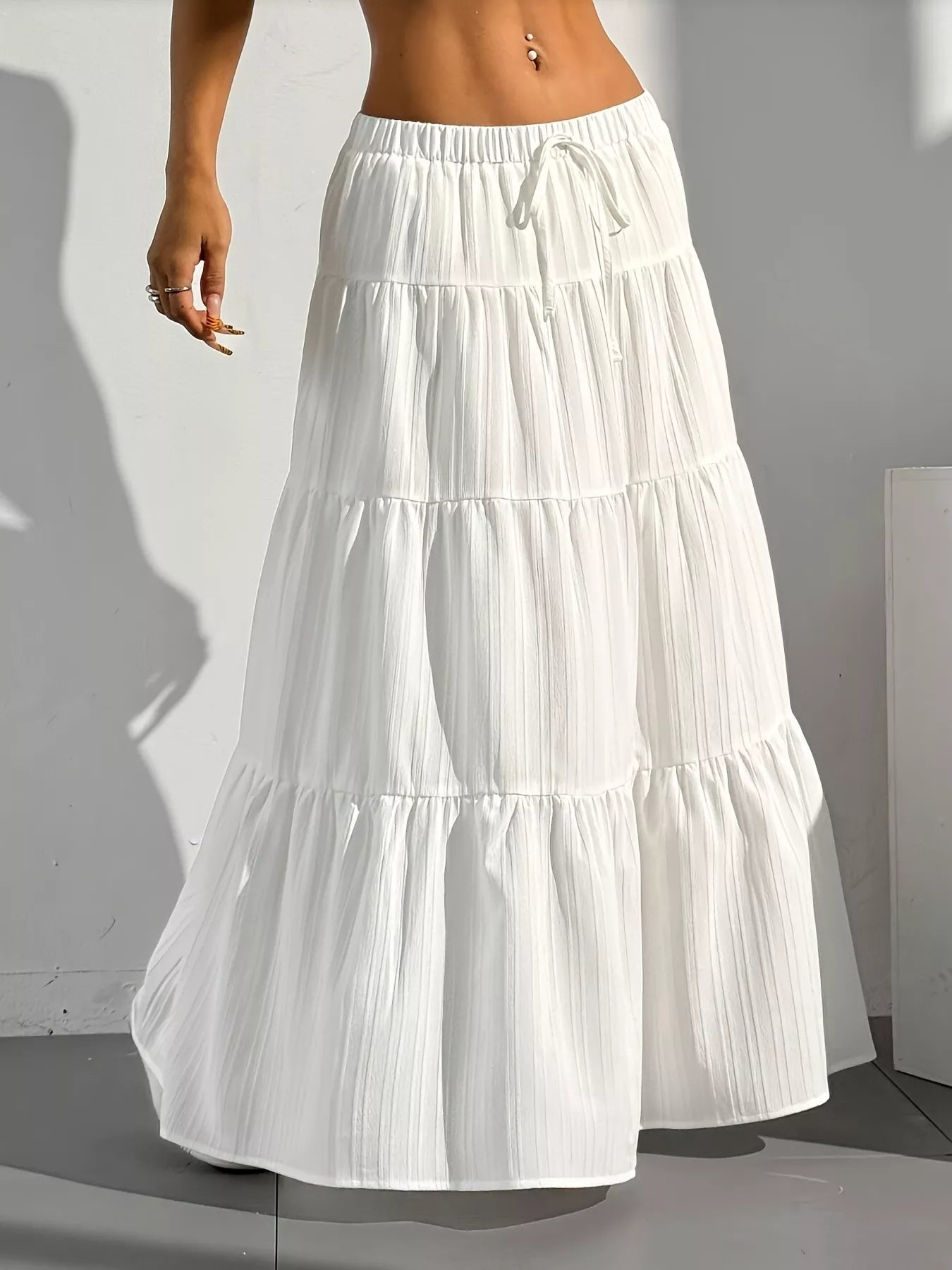 Capri Tiered Maxi Skirt detail view styled for Avrienne