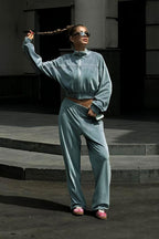 Athletic Velvet Collar Zipper Long Sleeve Two Piece Set image 9