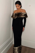 Sexy Off-shoulder Leopard Print Fur Trim Bodycon Maxi Dress image 2