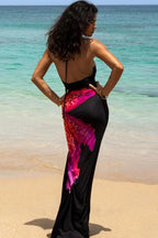 Sexy Halter V-neck Floral Print High Slit Bodycon Maxi Dress image 5