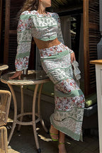Printed Long Sleeve Crew Neck Cropped Top Split Bodycon Skirt Two Piece Set image 1