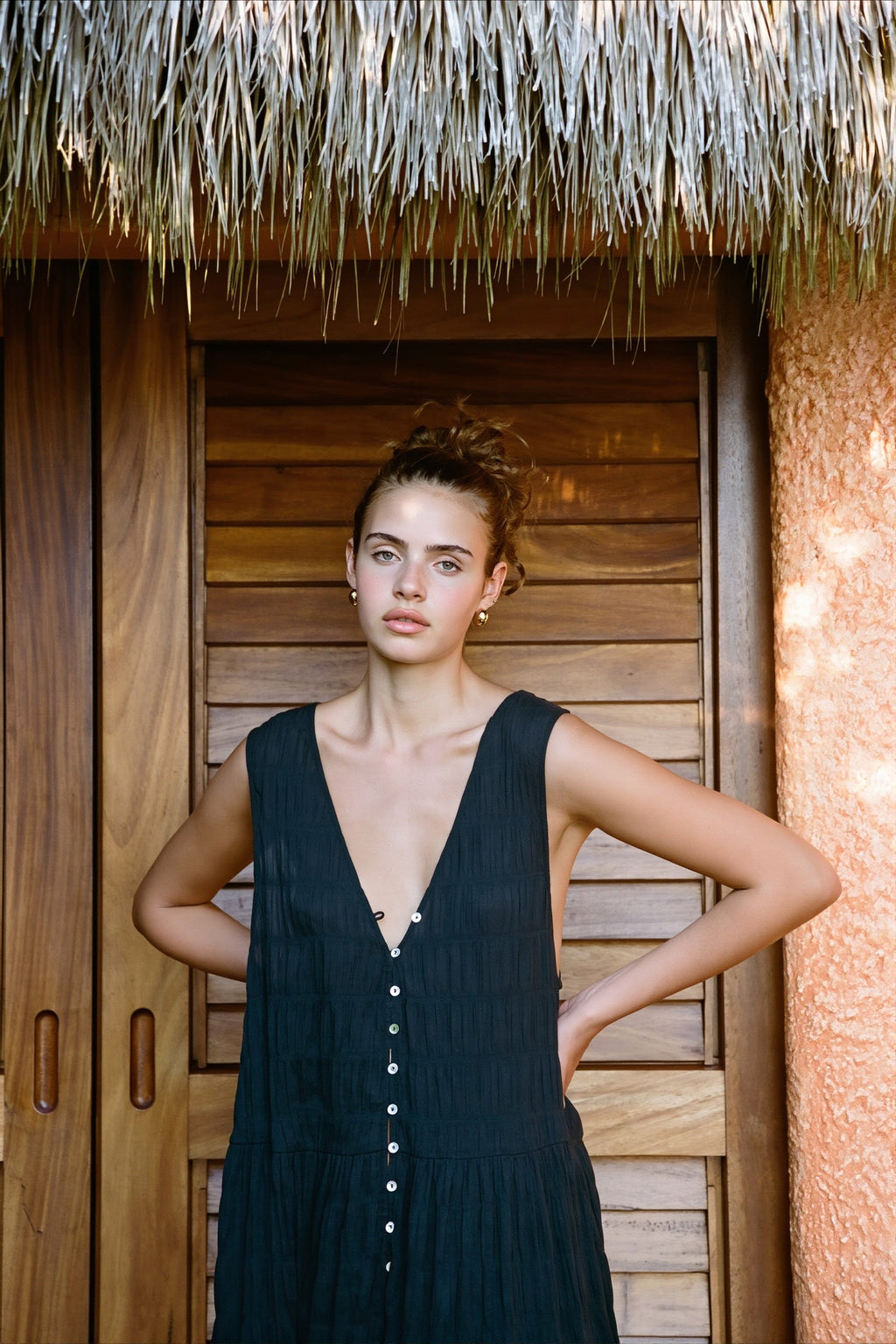 Sexy Solid Chiffon V Neck Button Swing Maxi Dress image 2