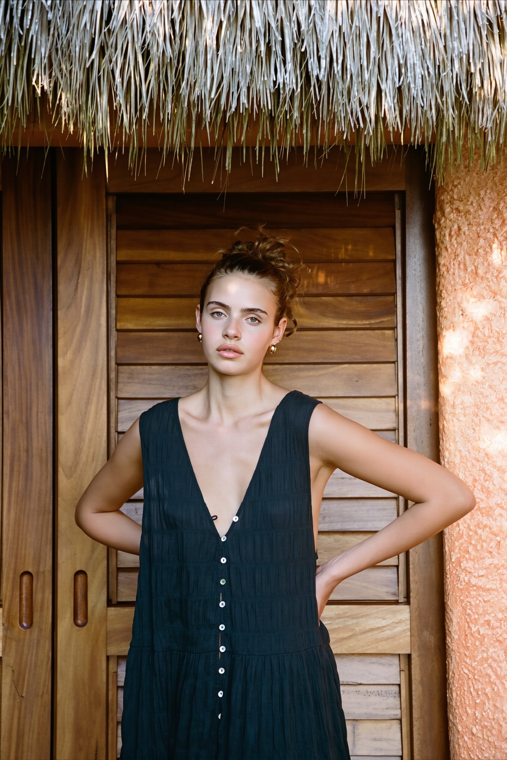 Sexy Solid Chiffon V Neck Button Swing Maxi Dress image 2