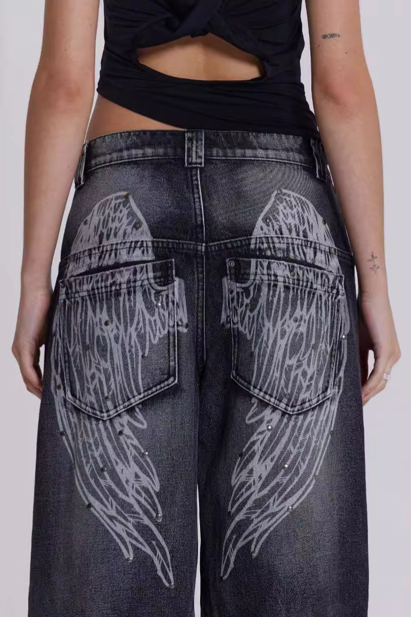 Y2K Angel Wing Print Washed Wide Leg Jeans image 3