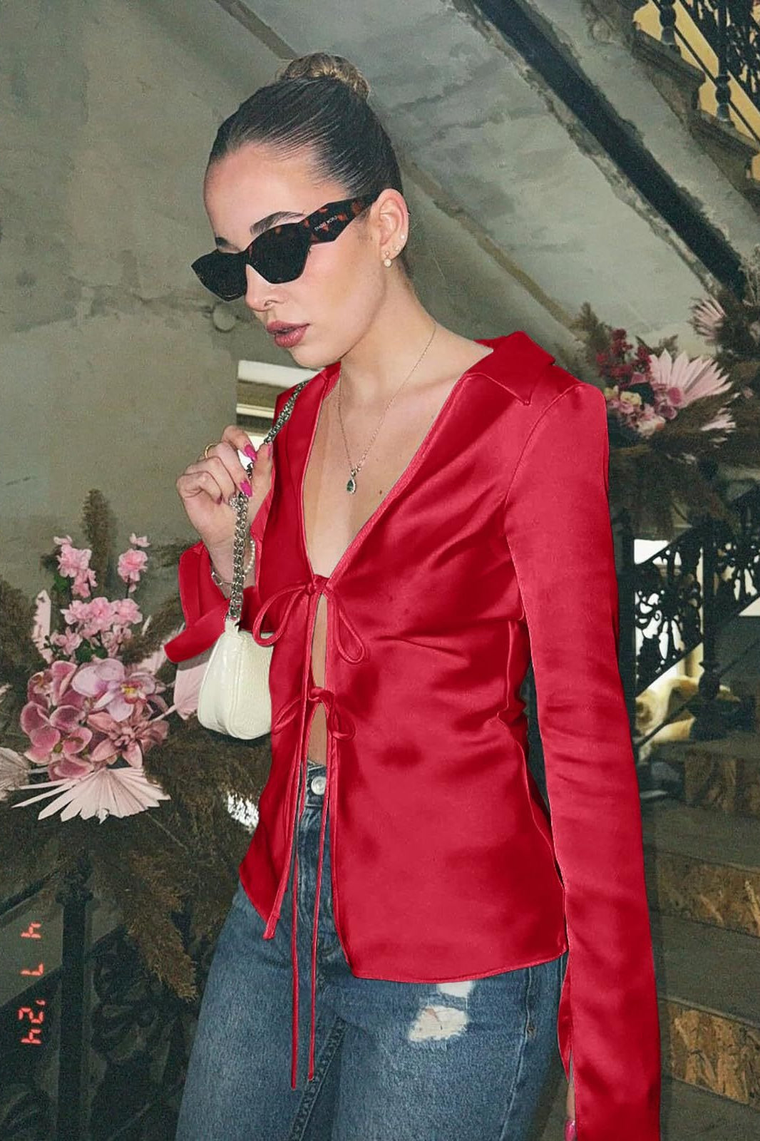 Satin Tie Front Fitted Blouse image 5