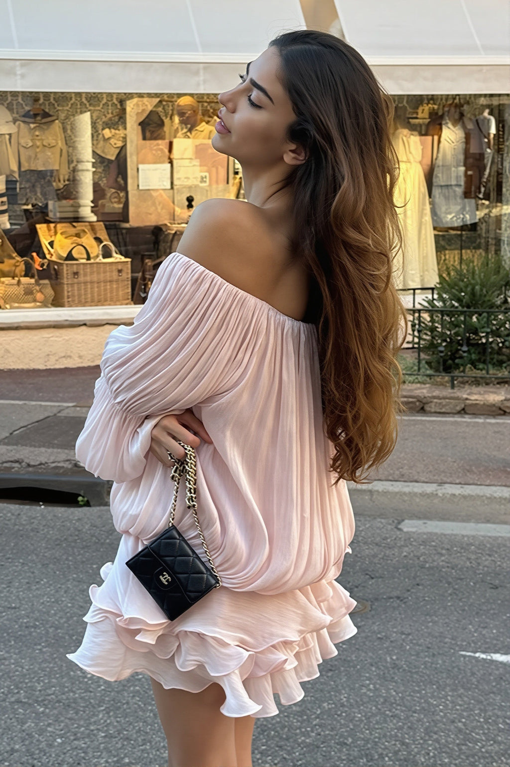 Off Shoulder Ruffle Shiny Fabric Mini Dress image 2