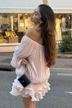Off Shoulder Ruffle Shiny Fabric Mini Dress image 2